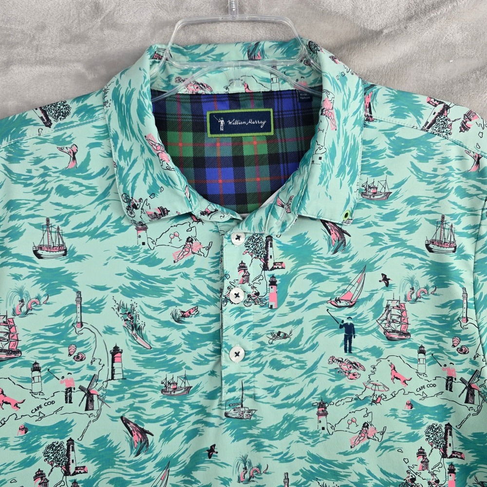 William Murray‎ Large Cape Cod Mens Aqua Nautical Map Print Golf Polo Shirt EUC